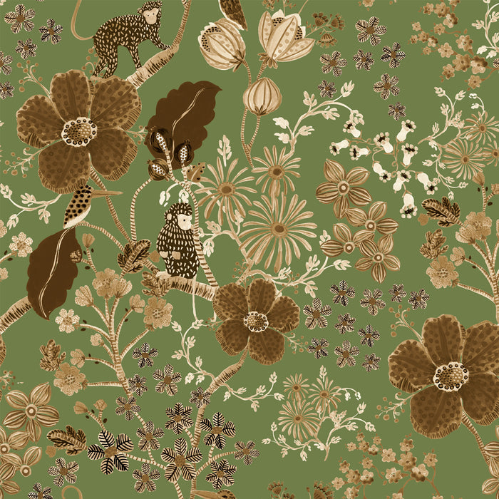 Monkey Garden Wallpaper - Moss/Brown