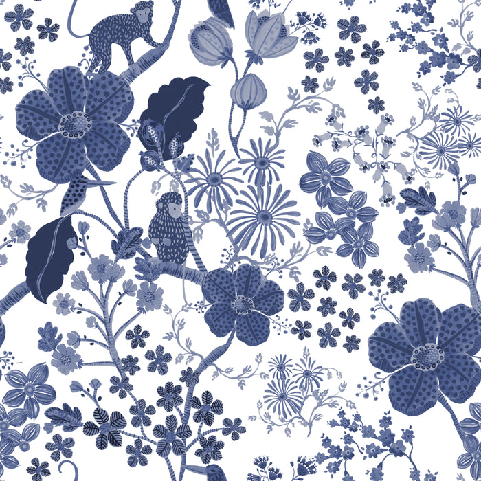 Monkey Garden Fabric - White/Blue
