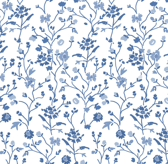 Winona Flowers Fabric - White/Blue