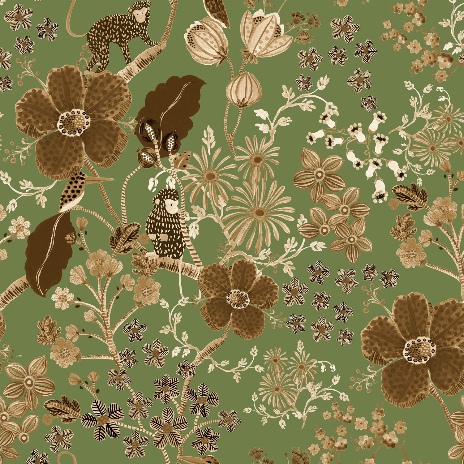 Monkey Garden Wallpaper - Moss/Brown