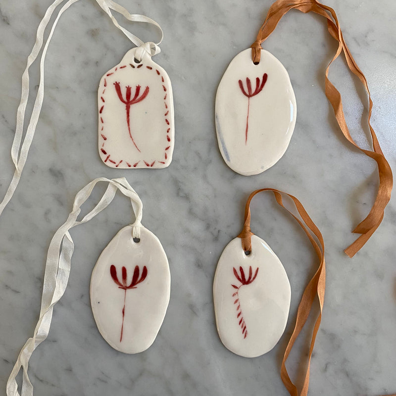 Porcelain Gift Tag Ornaments - Red Motifs