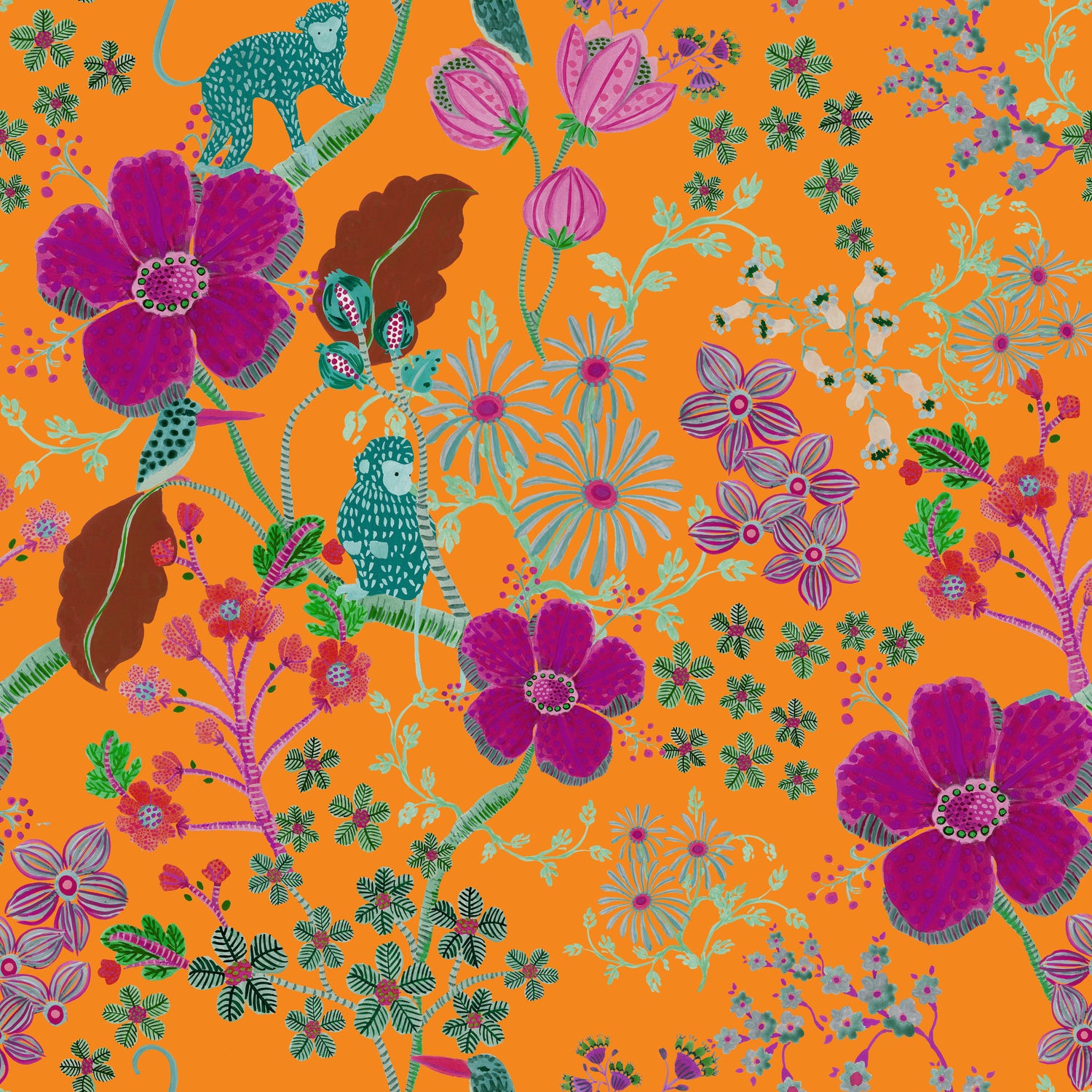 Monkey Garden Wallpaper - Apricot