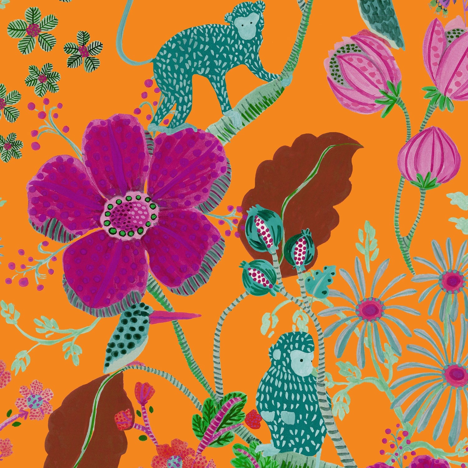 Monkey Garden Wallpaper - Apricot