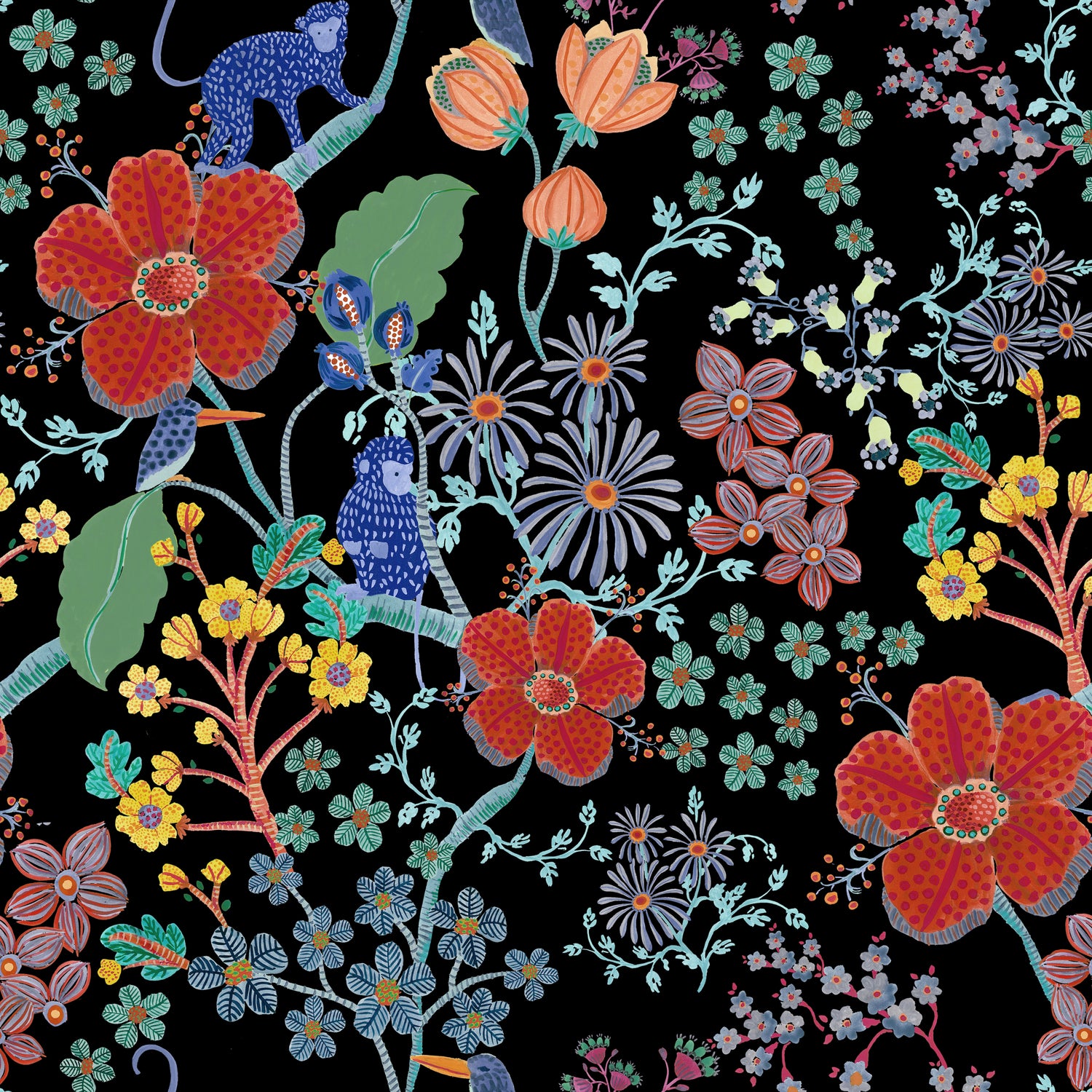 Monkey Garden Fabric - Black