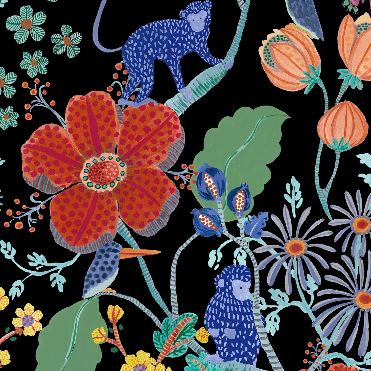 Monkey Garden Fabric - Black