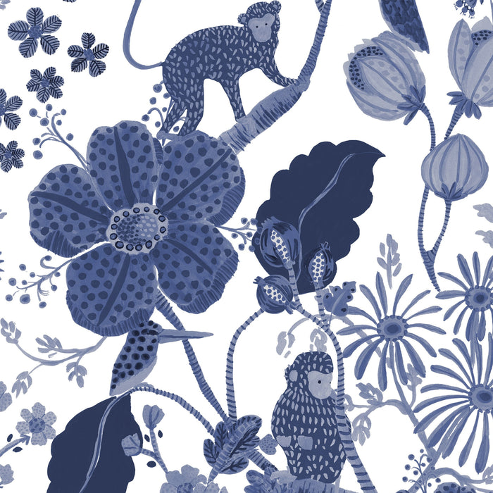Monkey Garden Fabric - White/Blue