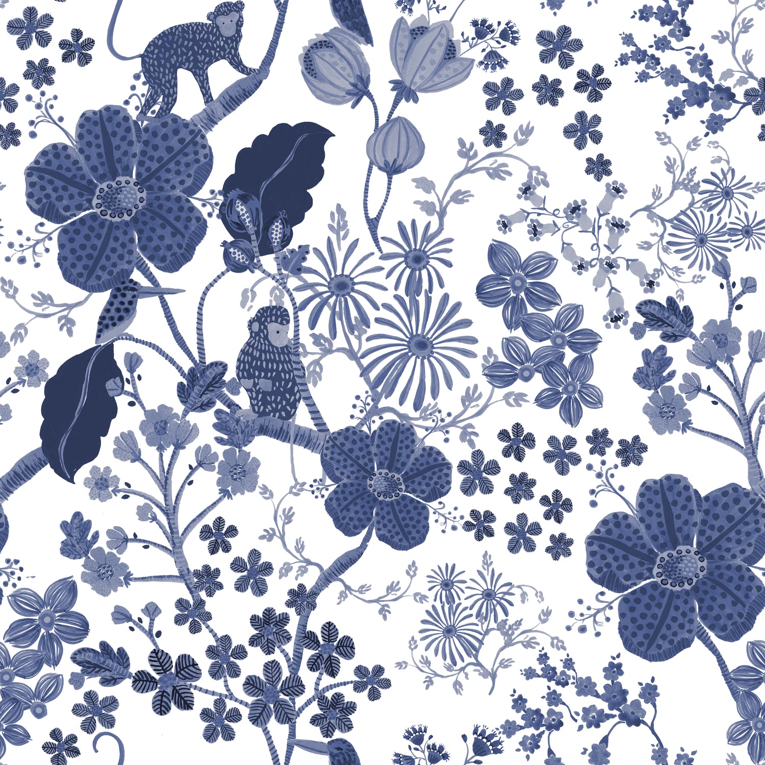 Monkey Garden Fabric - White/Blue