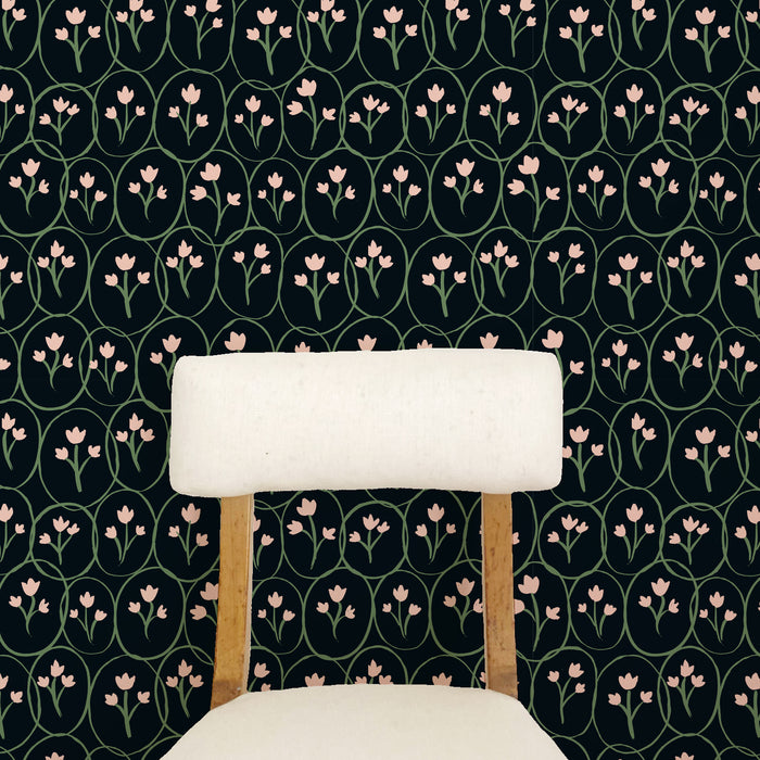 Tulip Circles Wallpaper - Black/Soft Pink