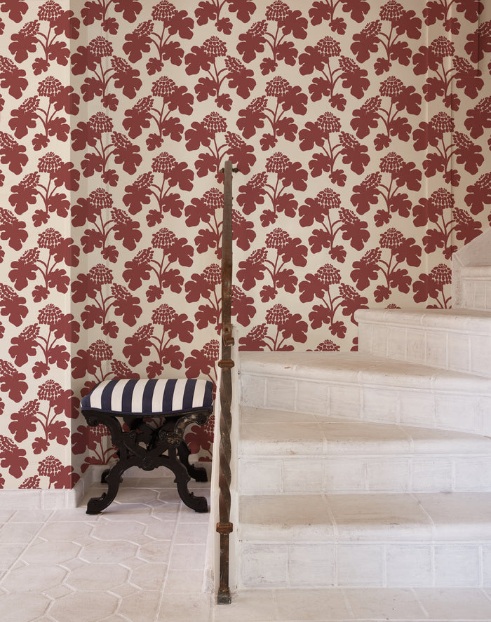 Casia Flowers Wallpaper - White/Oxblood
