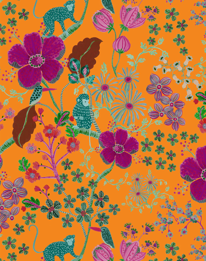 Monkey Garden Wallpaper - Apricot