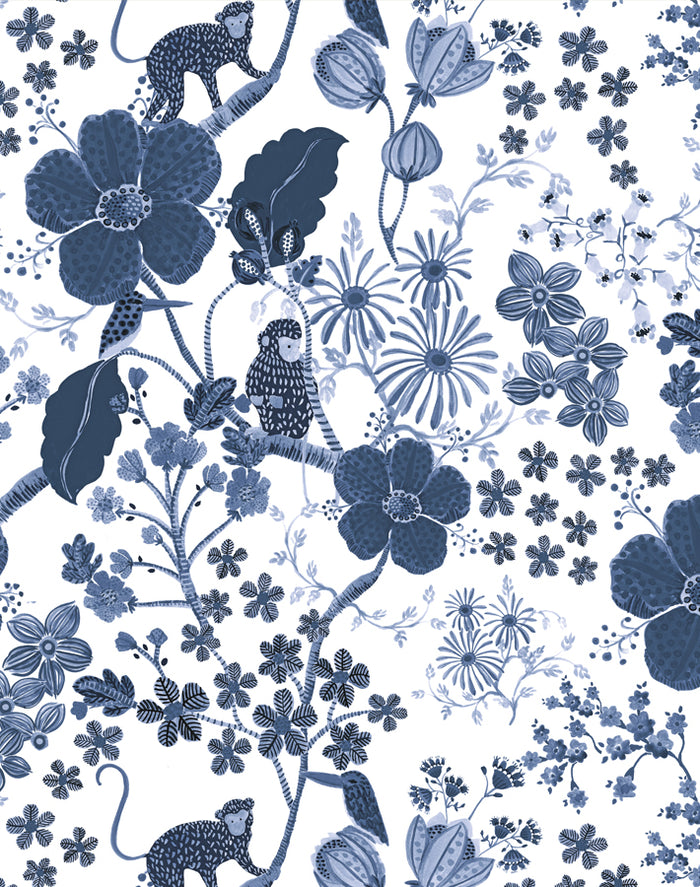Monkey Garden Fabric - White/Blue