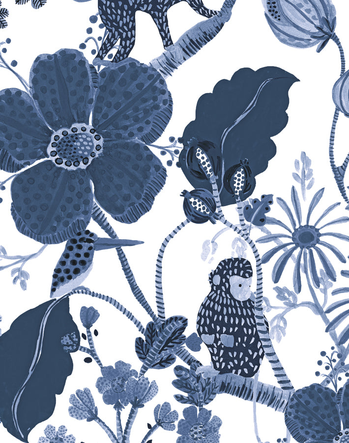 Monkey Garden Fabric - White/Blue