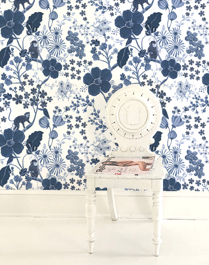 Monkey Garden Wallpaper - White/Blue