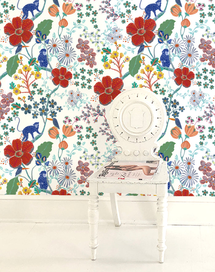 Monkey Garden Wallpaper - White