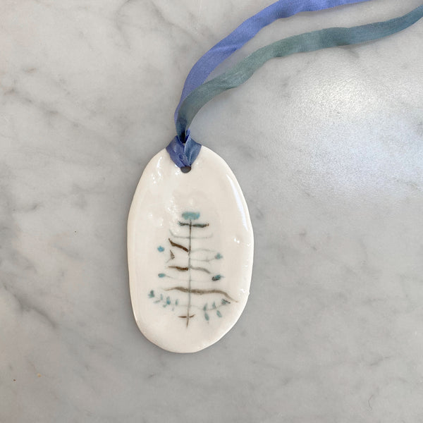 Porcelain Gift Tag Ornament - Branch with Blue Flowers